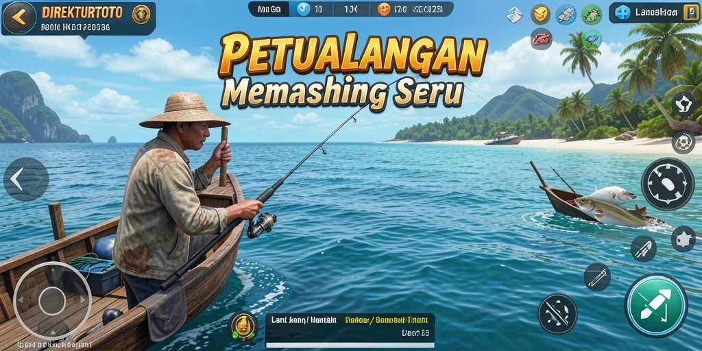 Screenshot utama DIREKTURTOTO menampilkan seorang pemain dalam aksi memancing di laut yang cerah.
