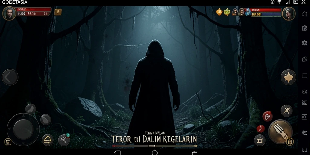 Screenshot gameplay GOBETASIA menampilkan suasana mencekam saat menjelajahi lokasi angker.