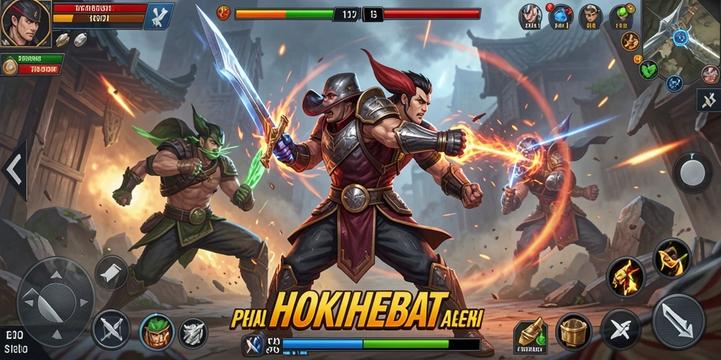 Screenshot gameplay HOKIHEBAT yang menampilkan aksi pertarungan yang intens.