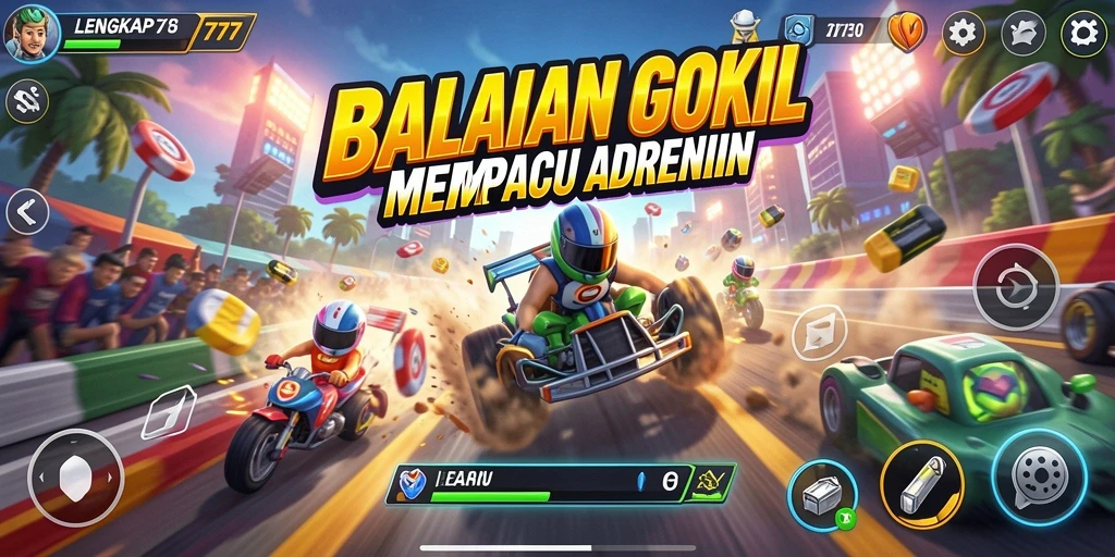 Tampilan gameplay intens balapan di LENGKAP777 dengan mobil dan trek menantang.