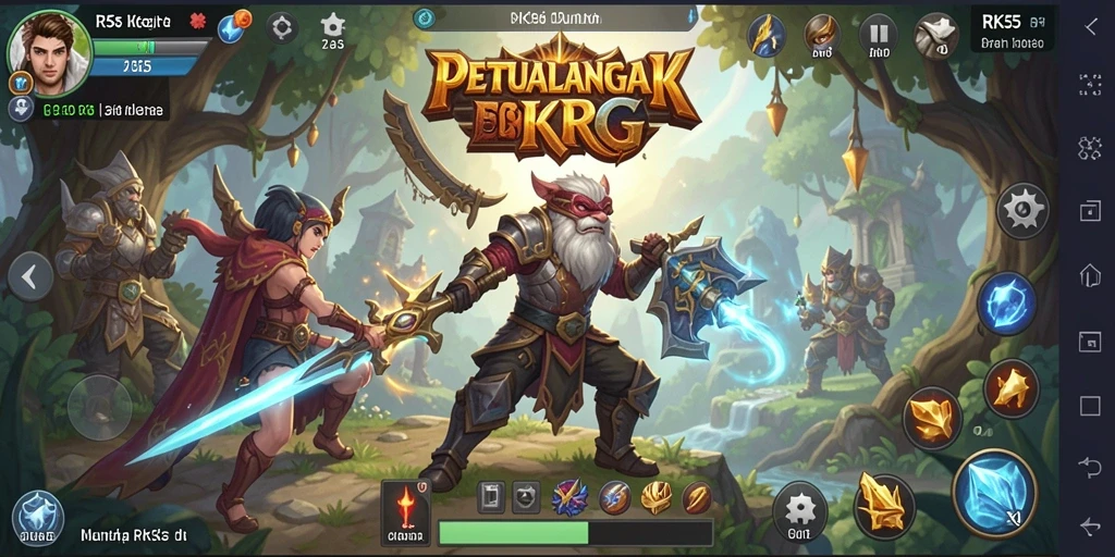 Tangkapan layar utama RK55 menampilkan karakter dalam pertarungan epik di dunia RPG.